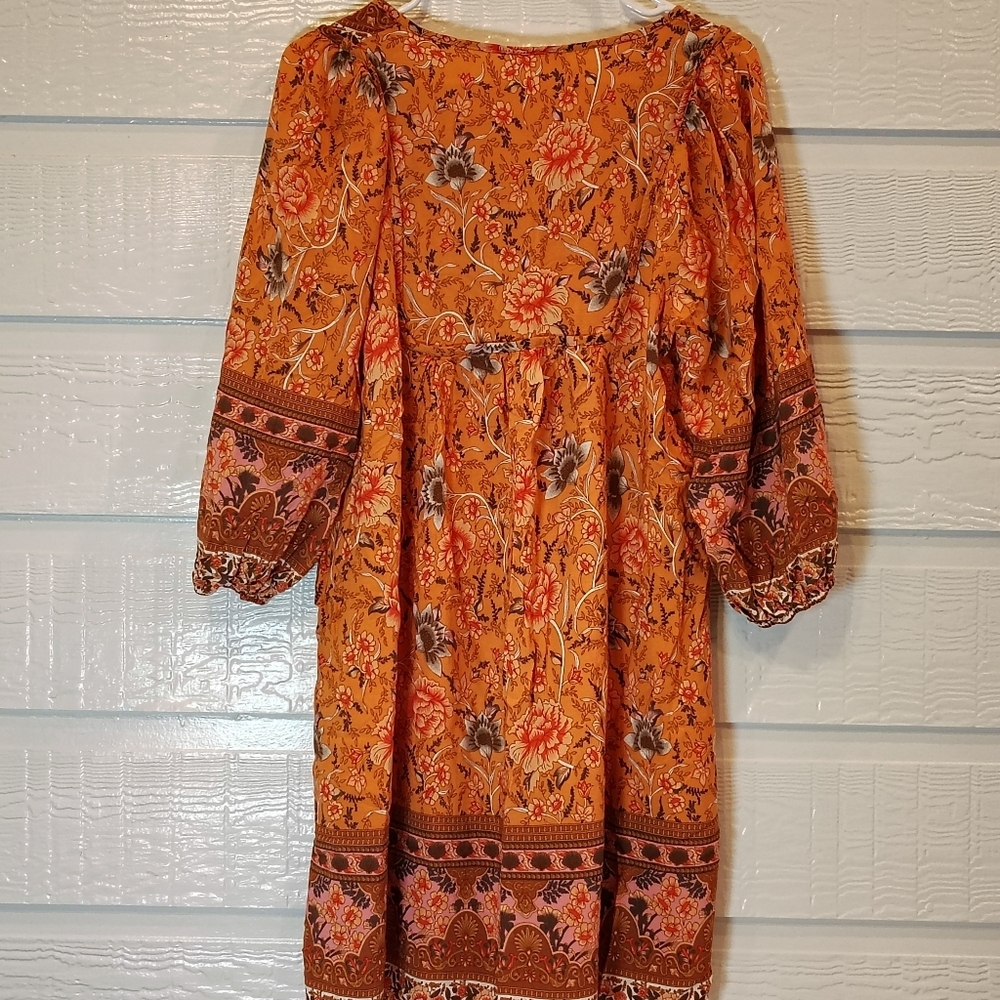Bluetime Women Medium Casual Boho Gypsy Vacation Hippie Dress Orange Floral - Picture 5 of 7